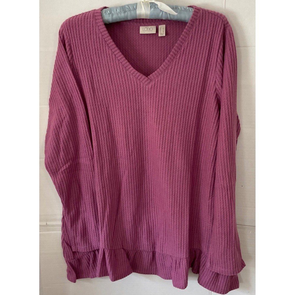 LOGO Lori Goldstein Grape Nectar Waffle Knit Ruffle Hem V-Neck Top Large A628920